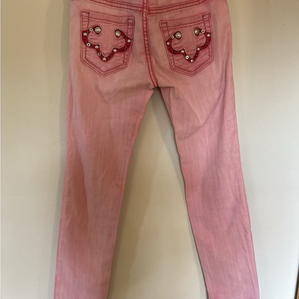 Pastel Pink Straight Leg Jeans with Heart Stitching